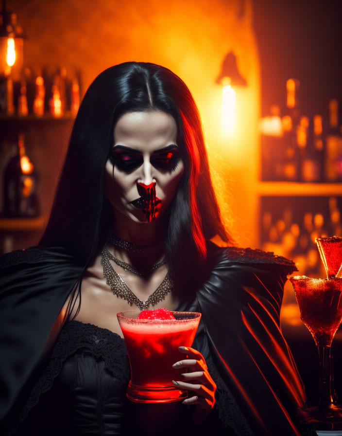 Skull-faced person with red cocktail in dimly lit bar