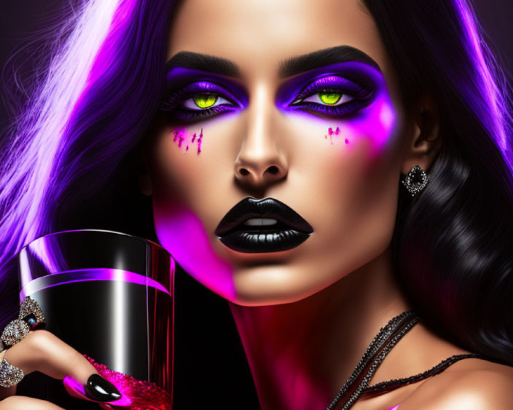 Woman with Striking Purple Makeup and Glass on Vibrant Pink and Purple Backdrop