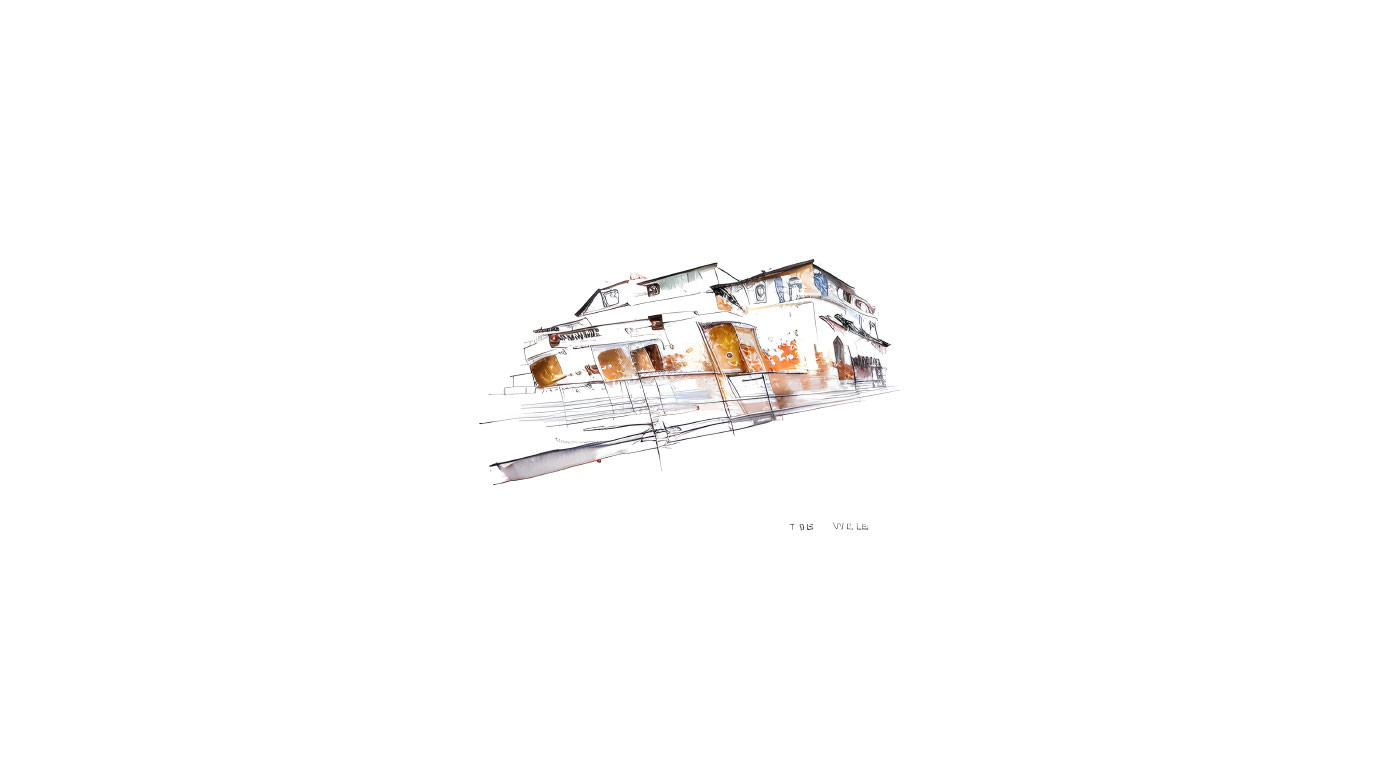 Detailed Sketch: Dilapidated Two-Story Building with Structural Elements on White Background