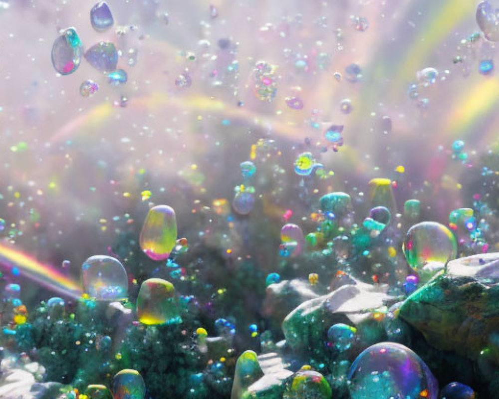 Iridescent Soap Bubbles Over Mossy Rocks with Rainbows