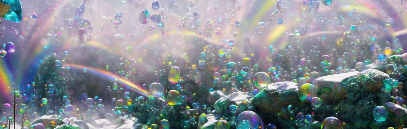 Iridescent Soap Bubbles Over Mossy Rocks with Rainbows