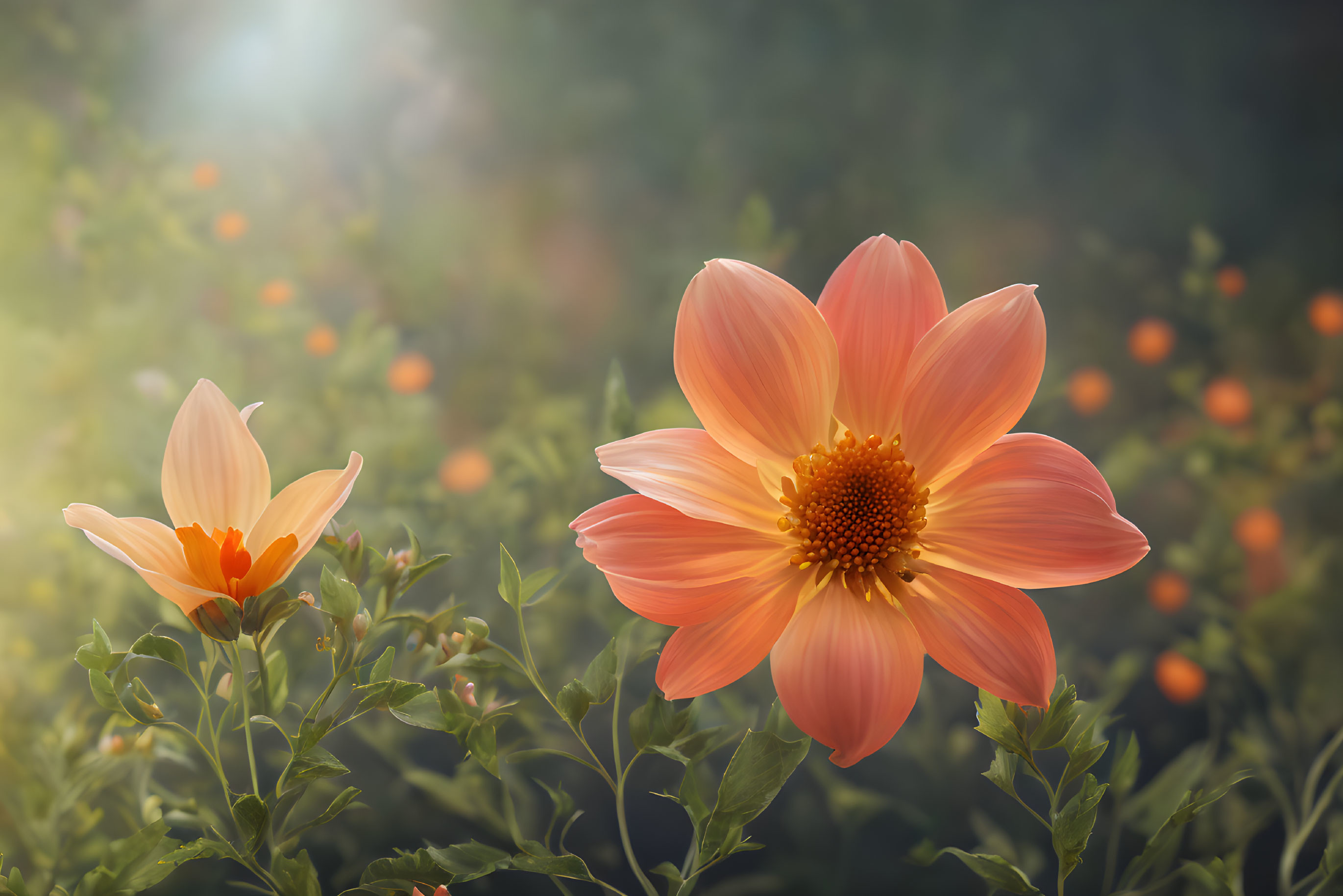 Vibrant orange flowers with golden centers in soft sunlight