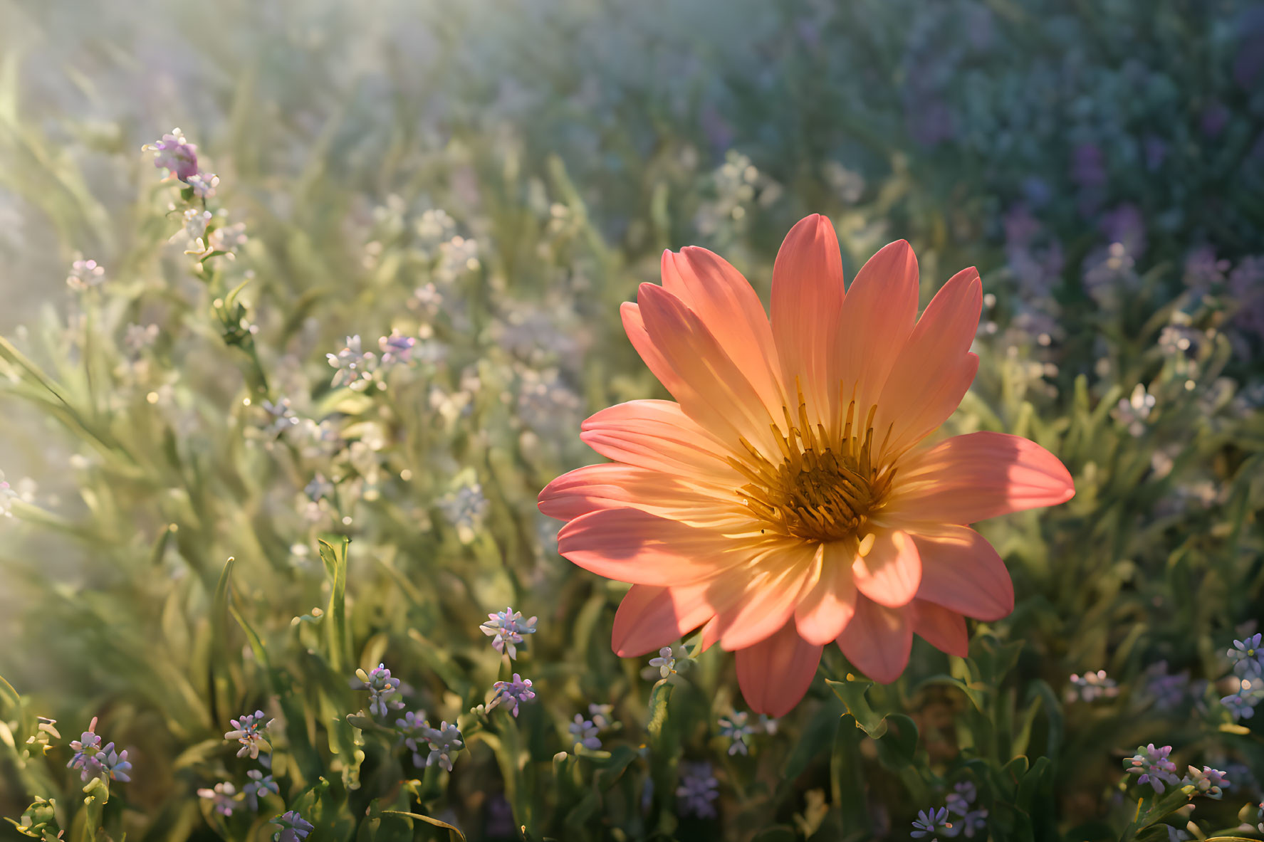 Orange Flower Surrounded by Purple Flowers in Warm Sunlight