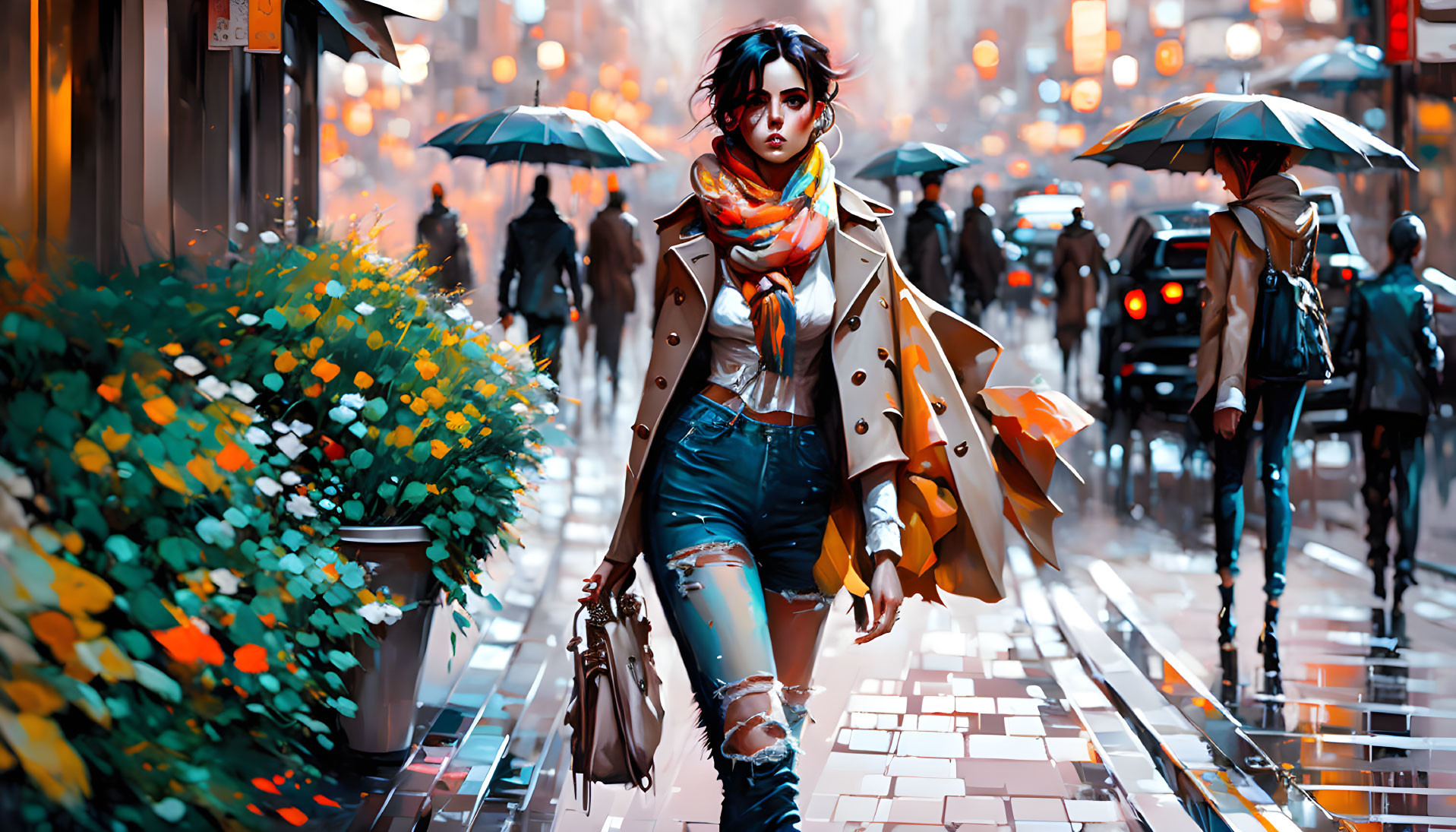 Colorful Scarf and Trench Coat Animated Woman Walking in Rainy City