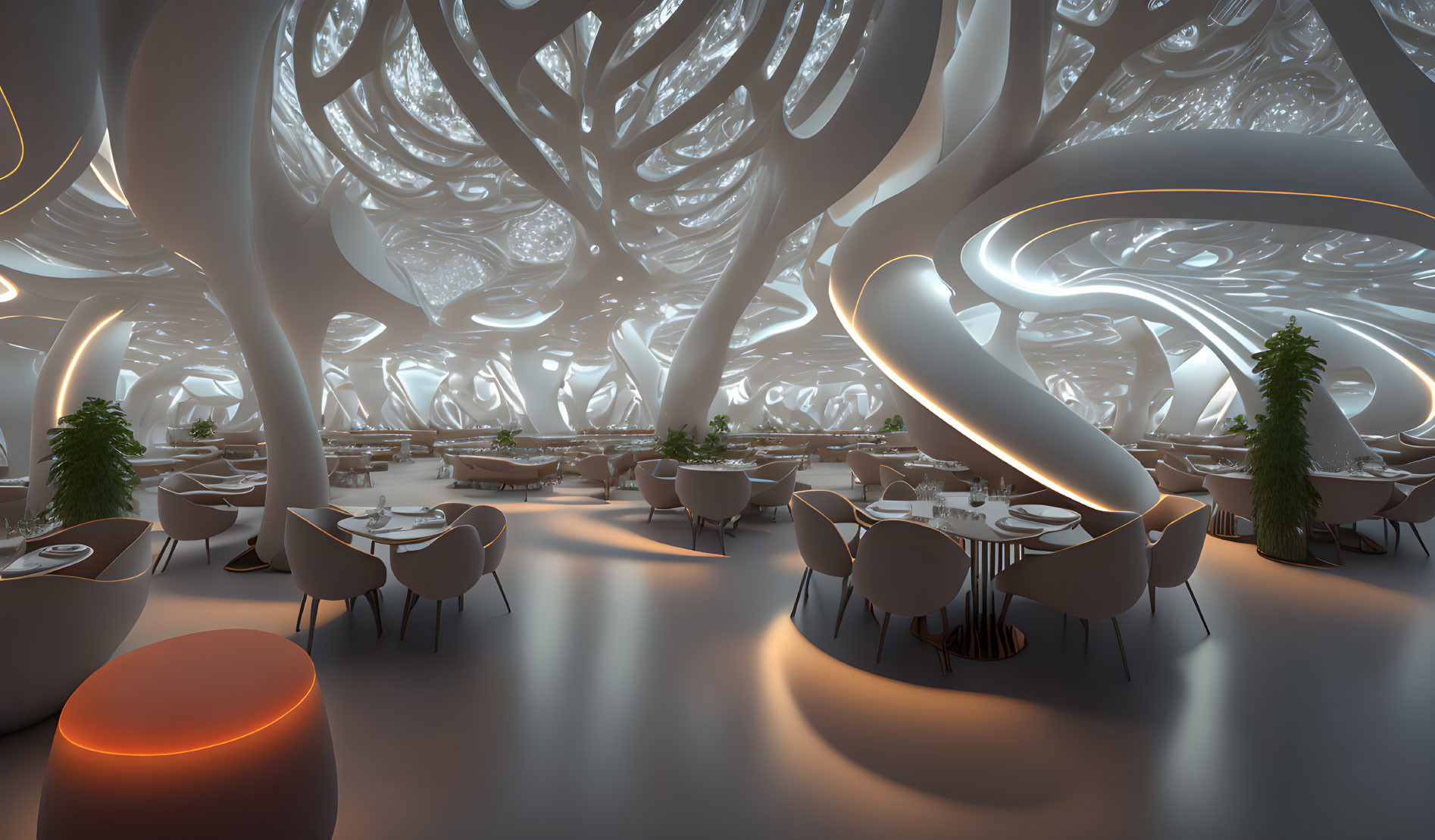 Organic Tree-like Structures in Futuristic Restaurant Interior