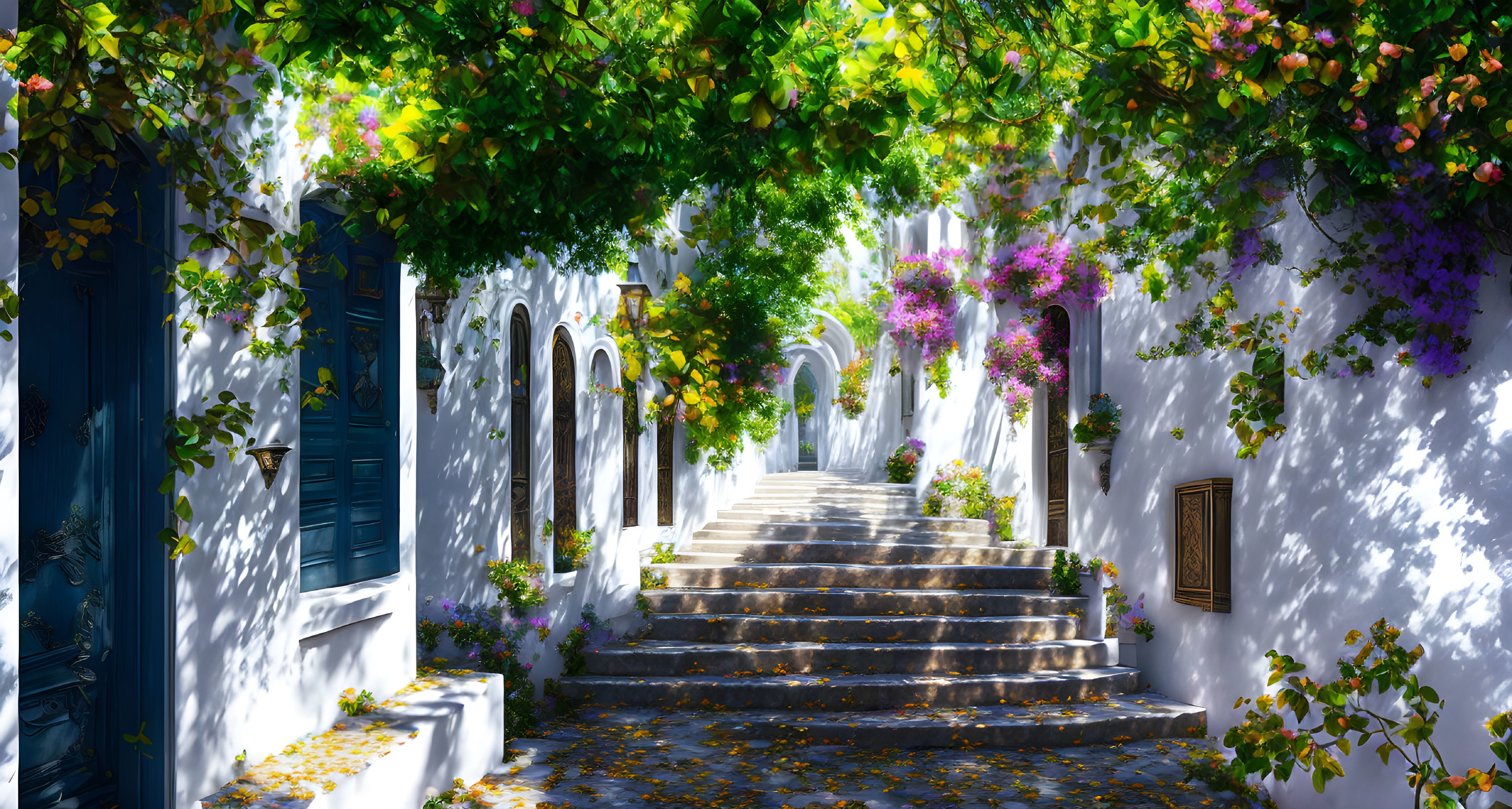 Scenic alley with white walls, blue doors, cobblestones, archway, flowers, and
