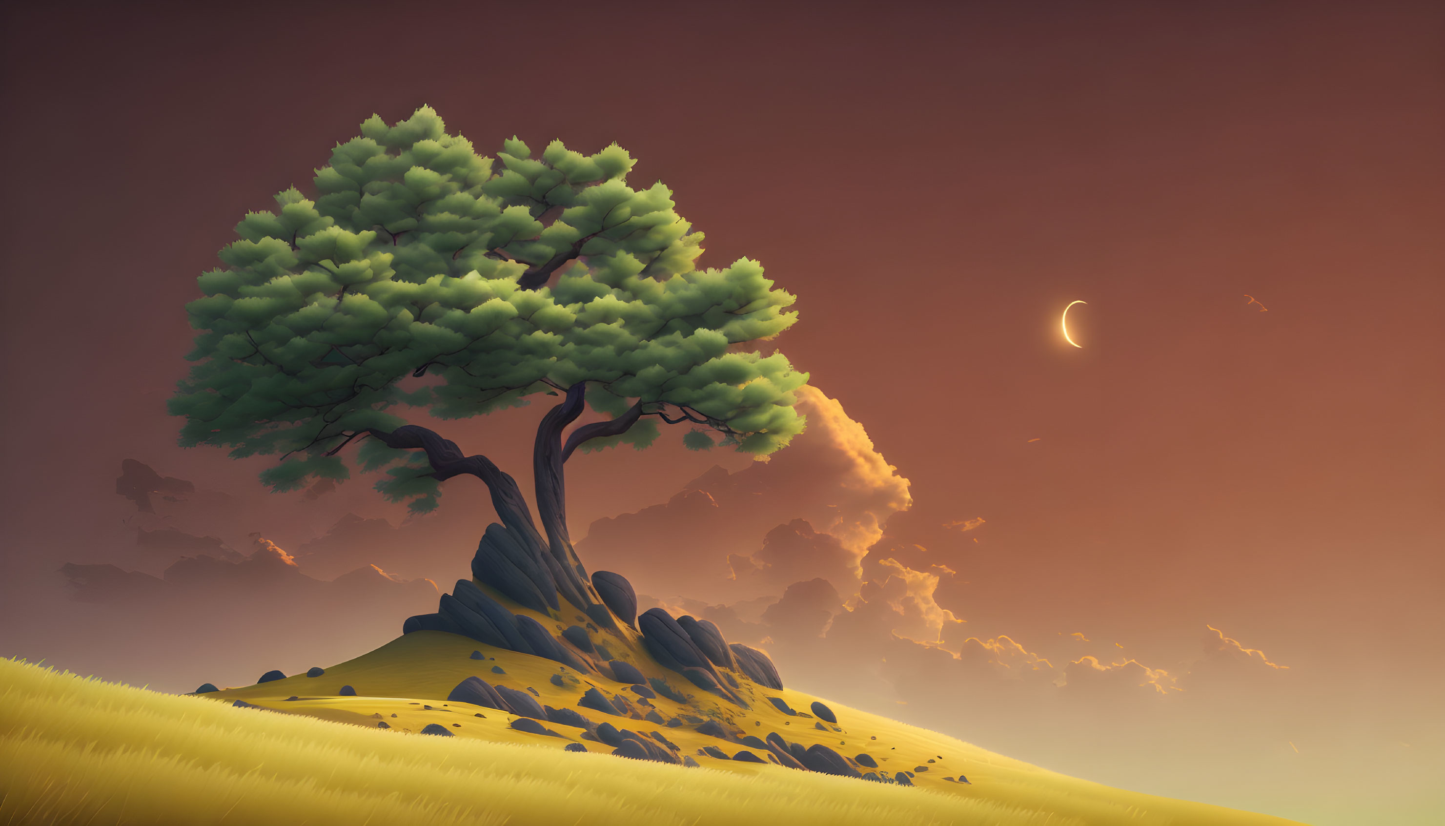 Lone tree on hill under crescent moon in serene sunset scene