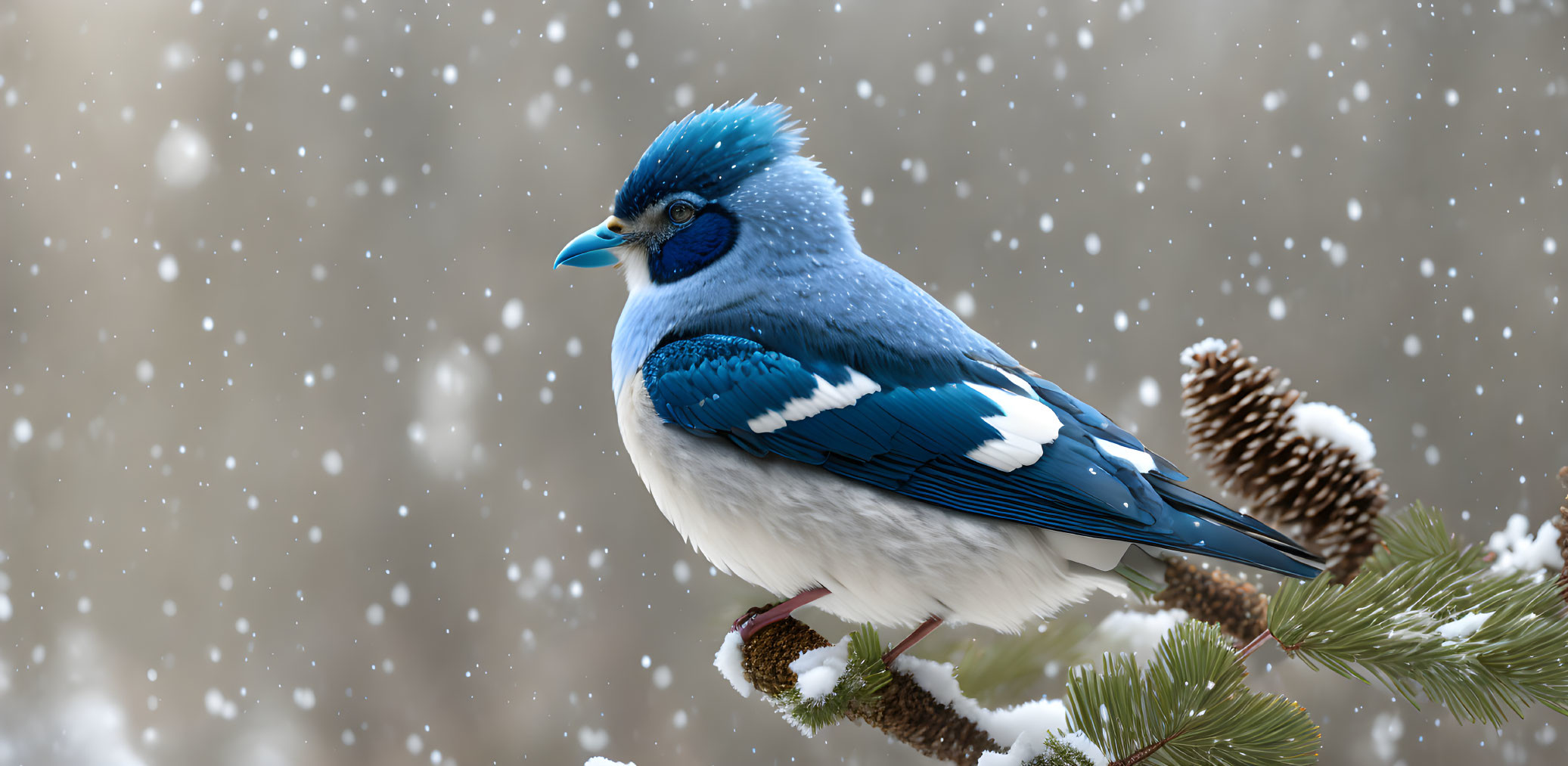 Blue and White Bird on Pine Branch with Snowflakes