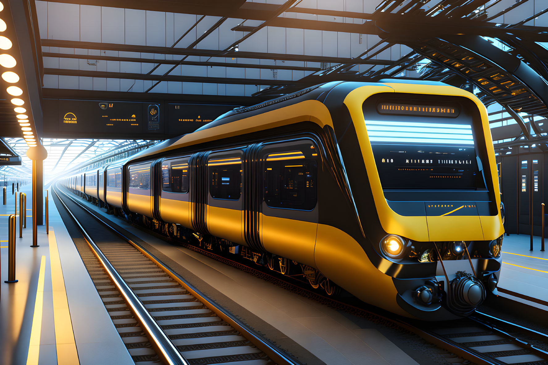 Yellow modern train at indoor platform with sleek design and natural light.