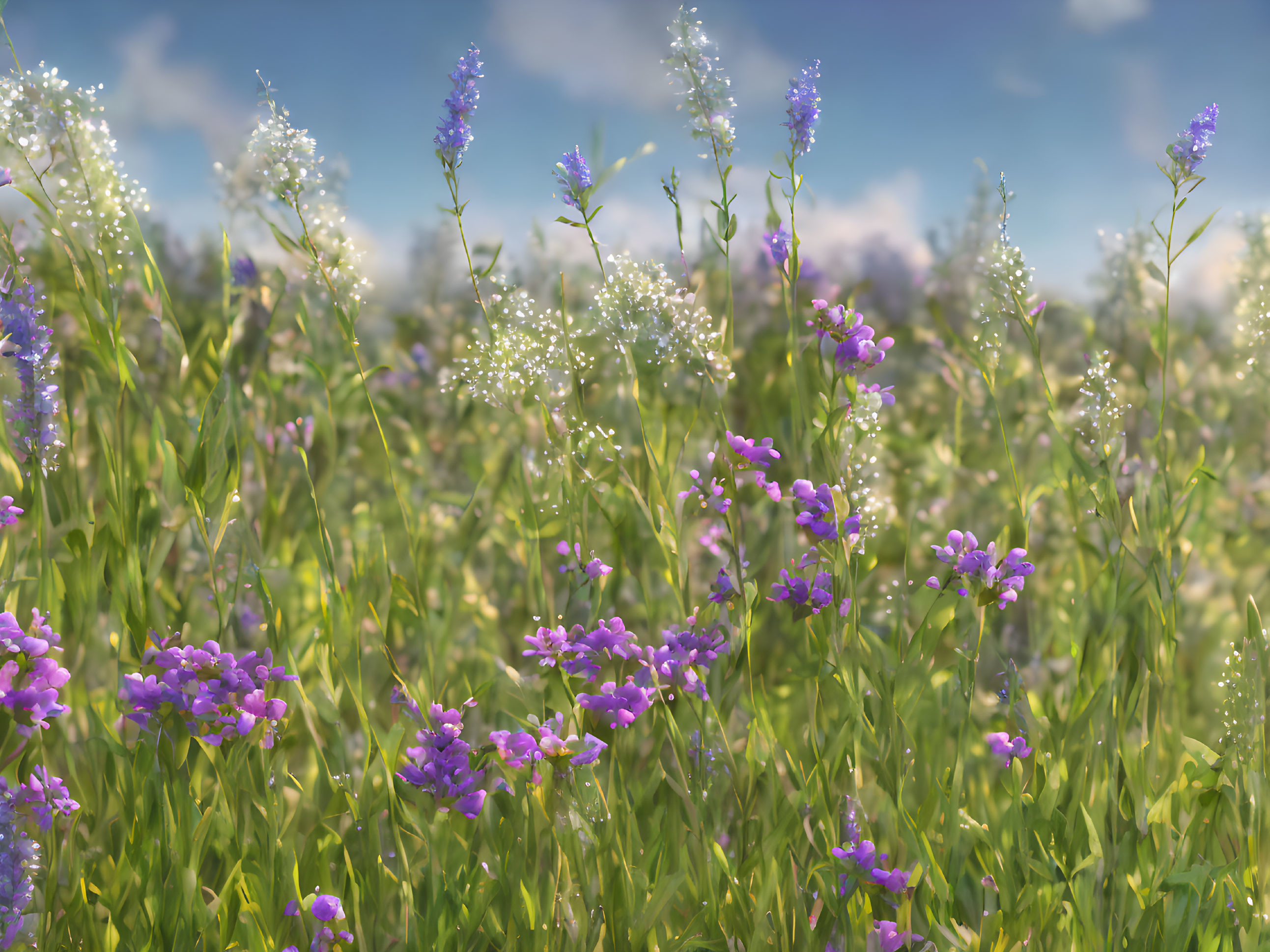 Tranquil field of tall grasses with purple and white wildflowers under a blue sky