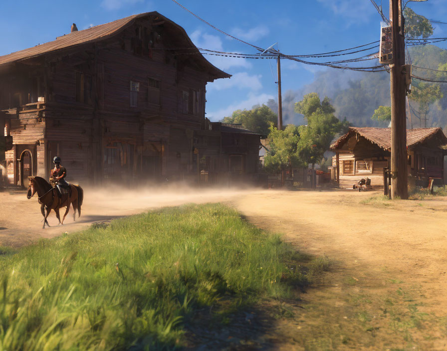 Rural village scene: person on horse, dusty road, wooden houses, greenery, blue sky