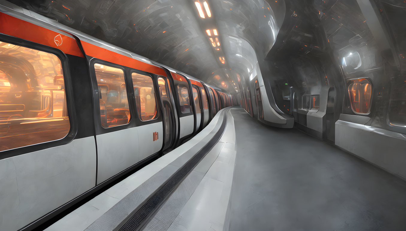 Modern subway station with white and orange trains under overhead lights.