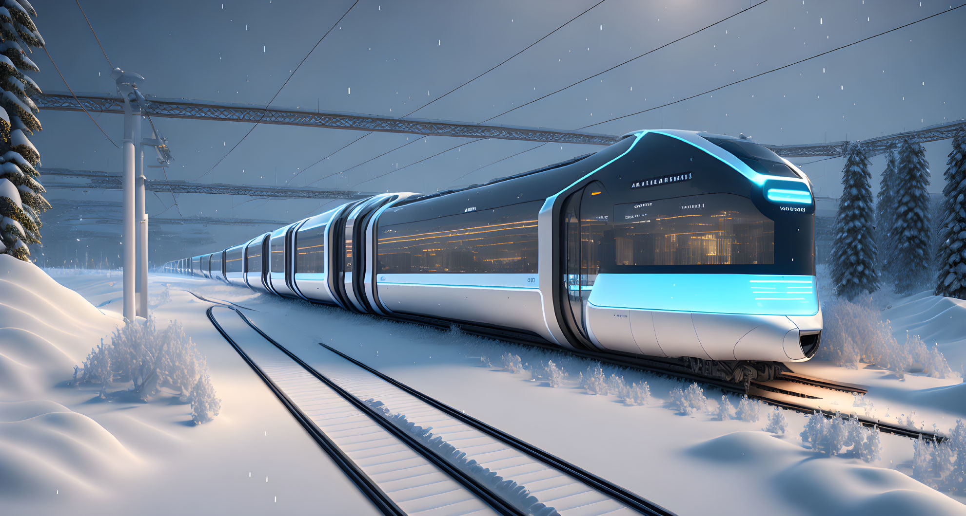 Modern train in snowy landscape at dusk with falling snow and snow-covered trees.