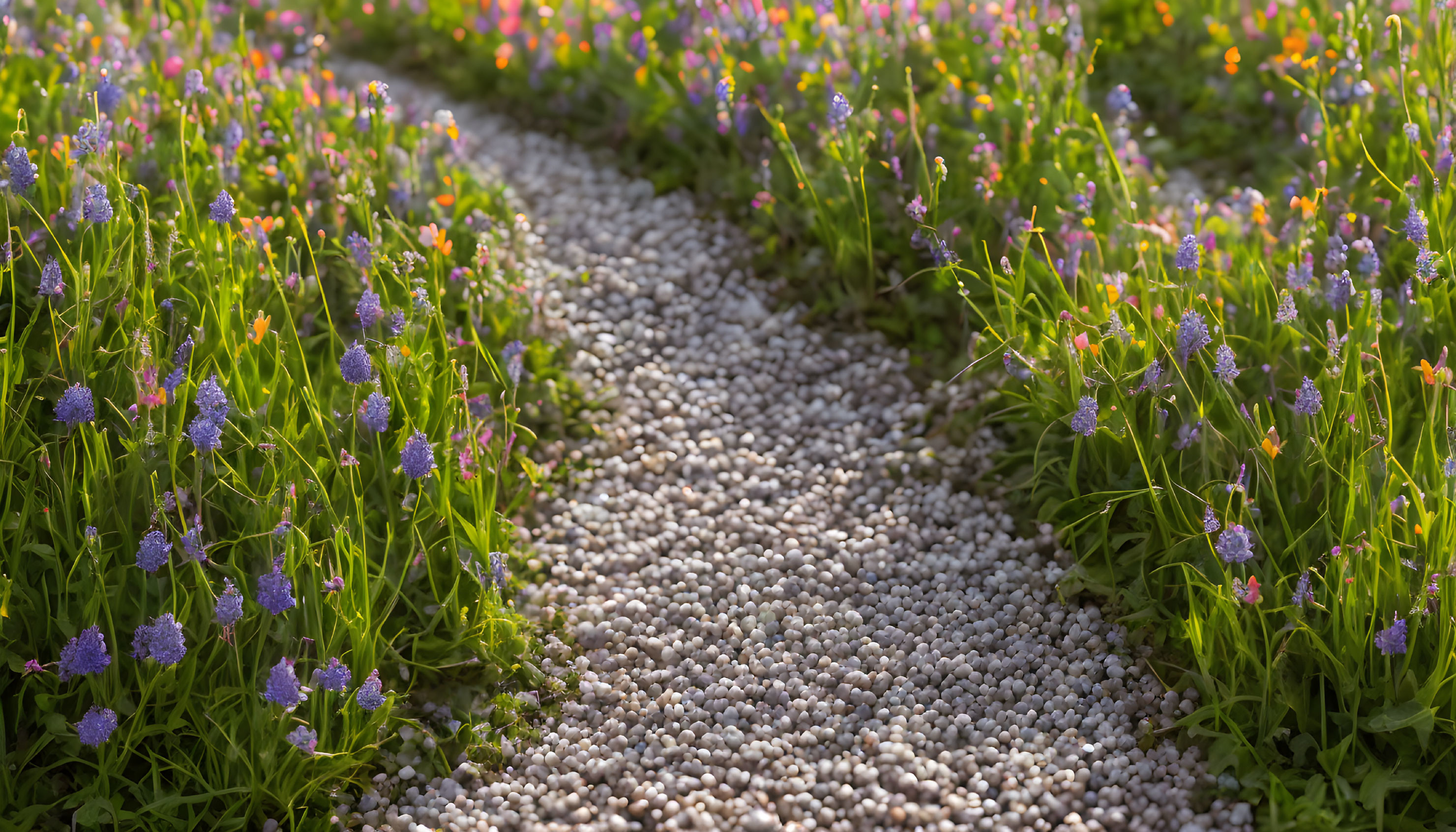 Tranquil walking path with greenery and purple flowers