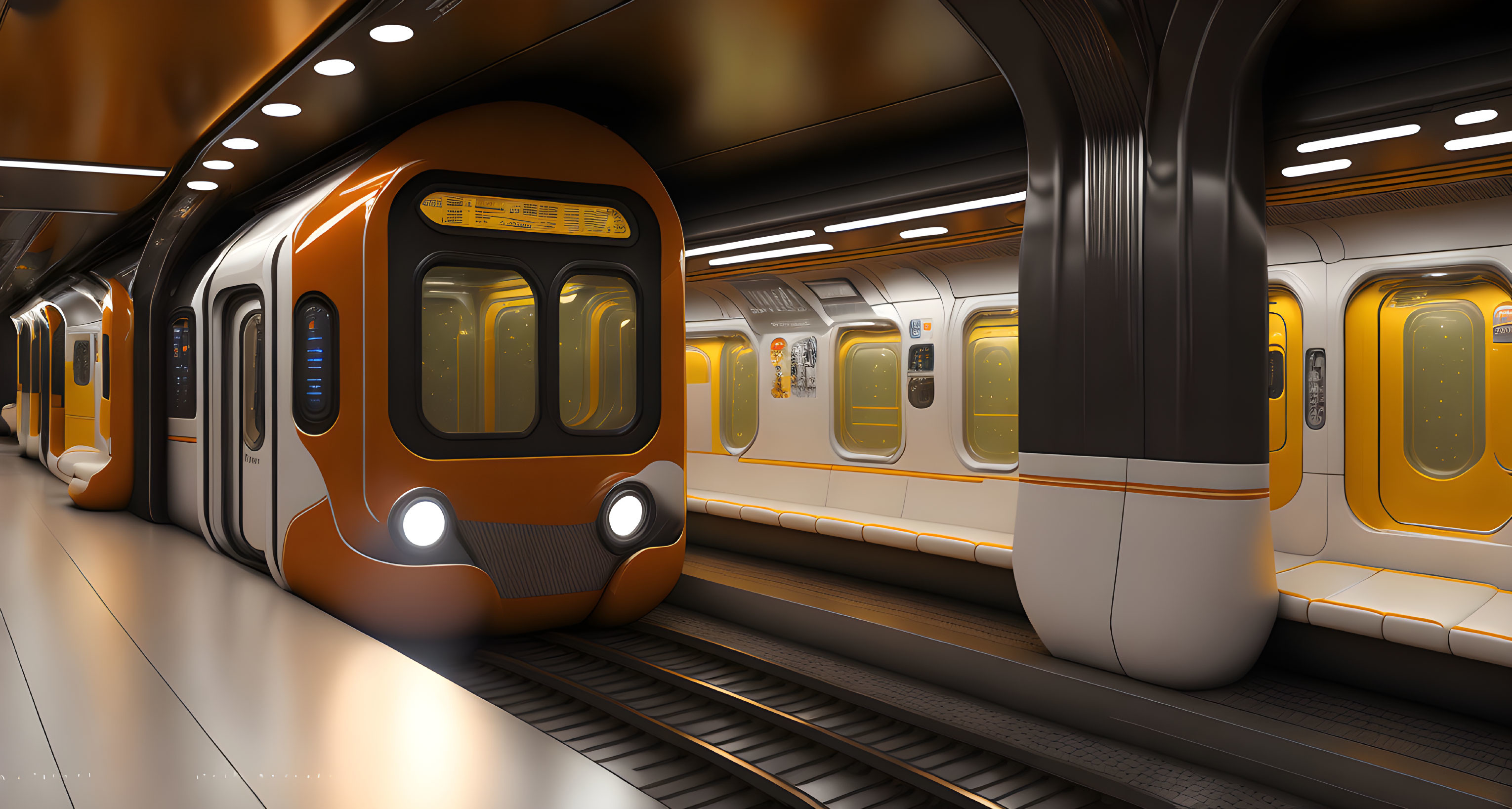 Modern orange and white subway train at vibrant underground platform