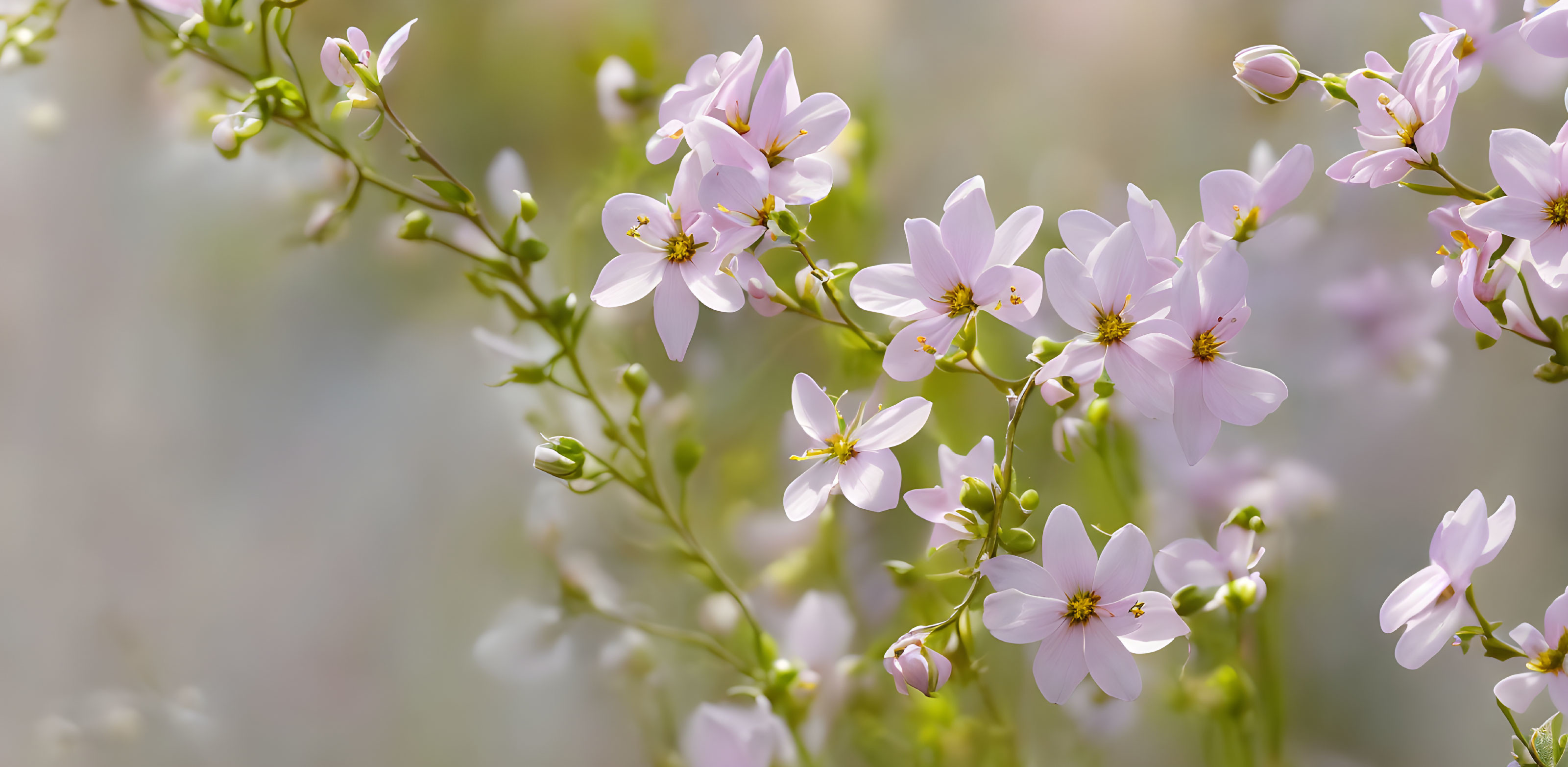 Pink Flowers with Yellow Centers on Thin Stems in Blurred Nature Scene