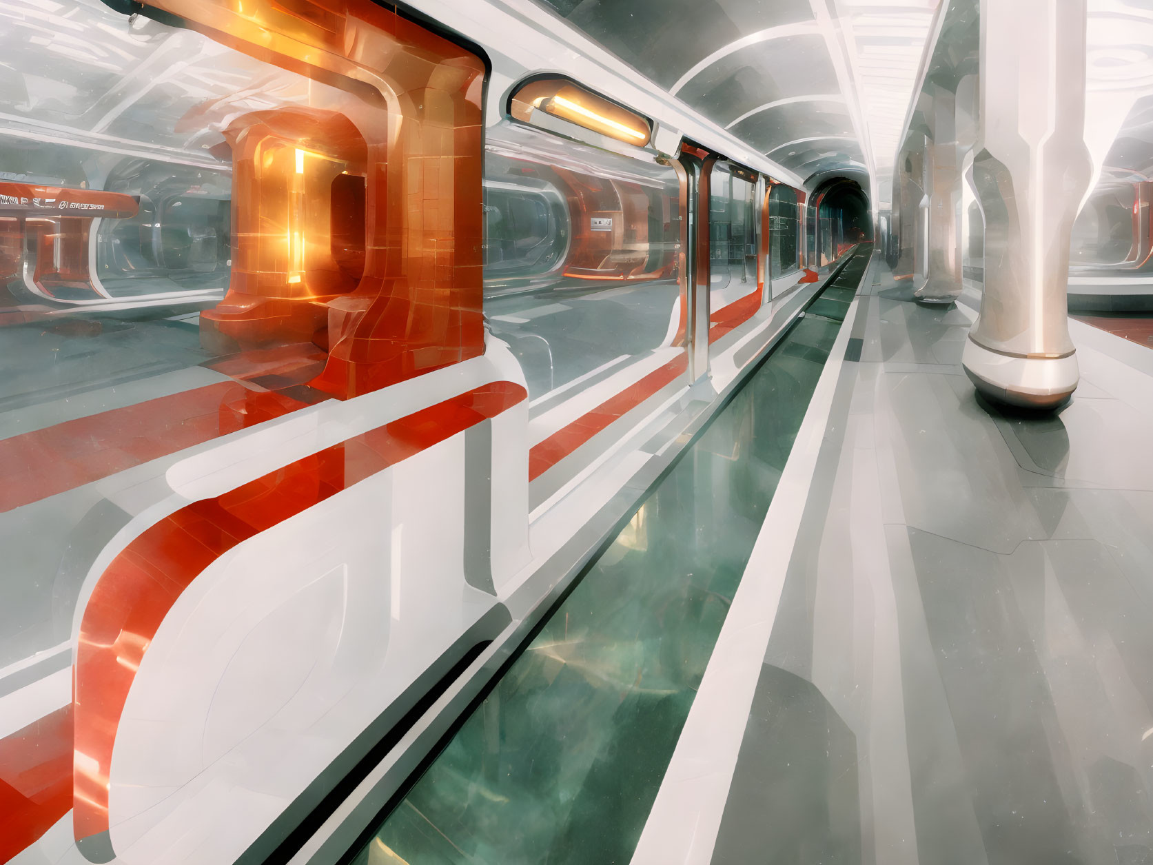 Sleek White Futuristic Train Station with Red Accents and Transparent Walls