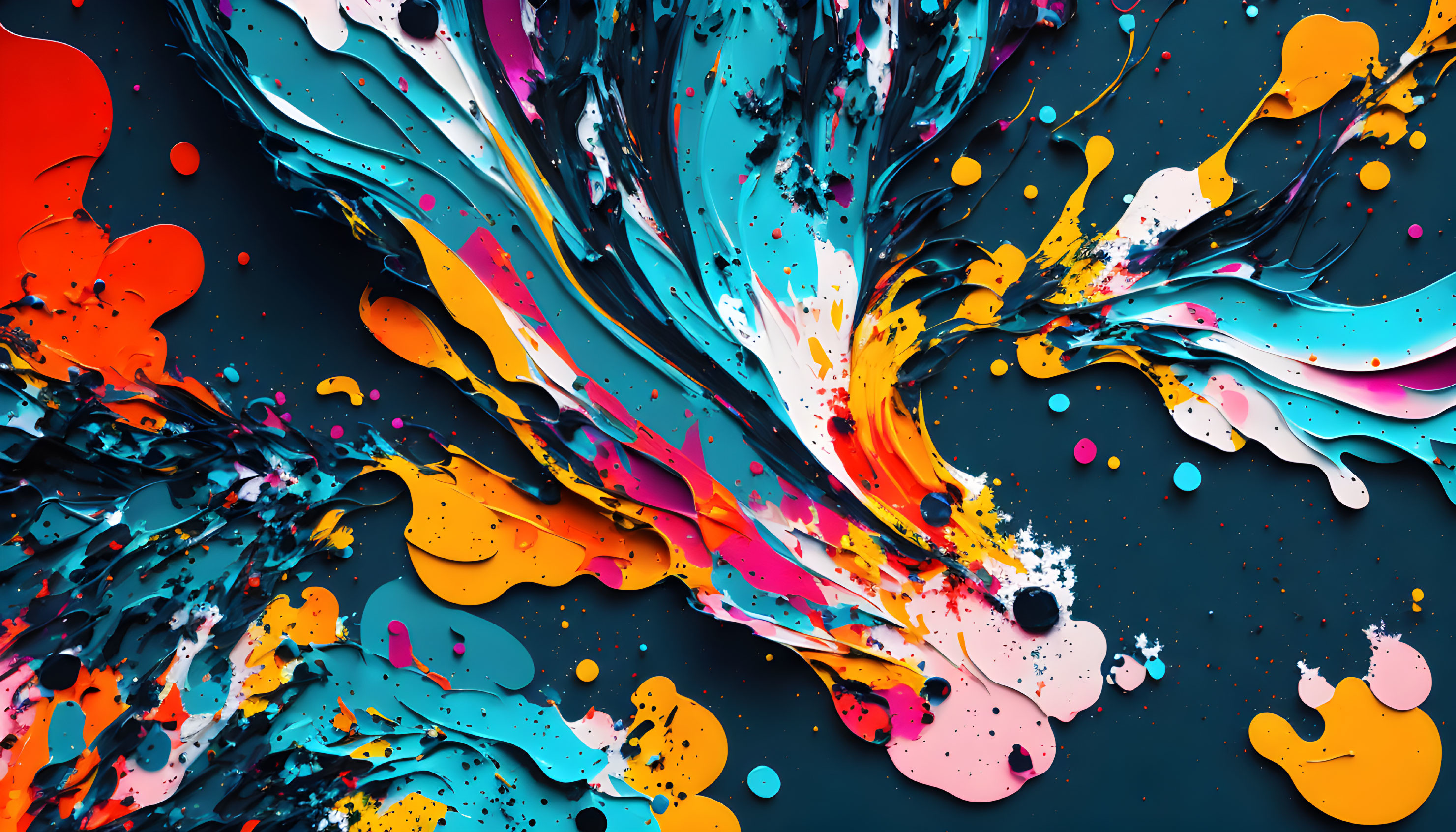 Multicolored abstract paint splashes on dark background