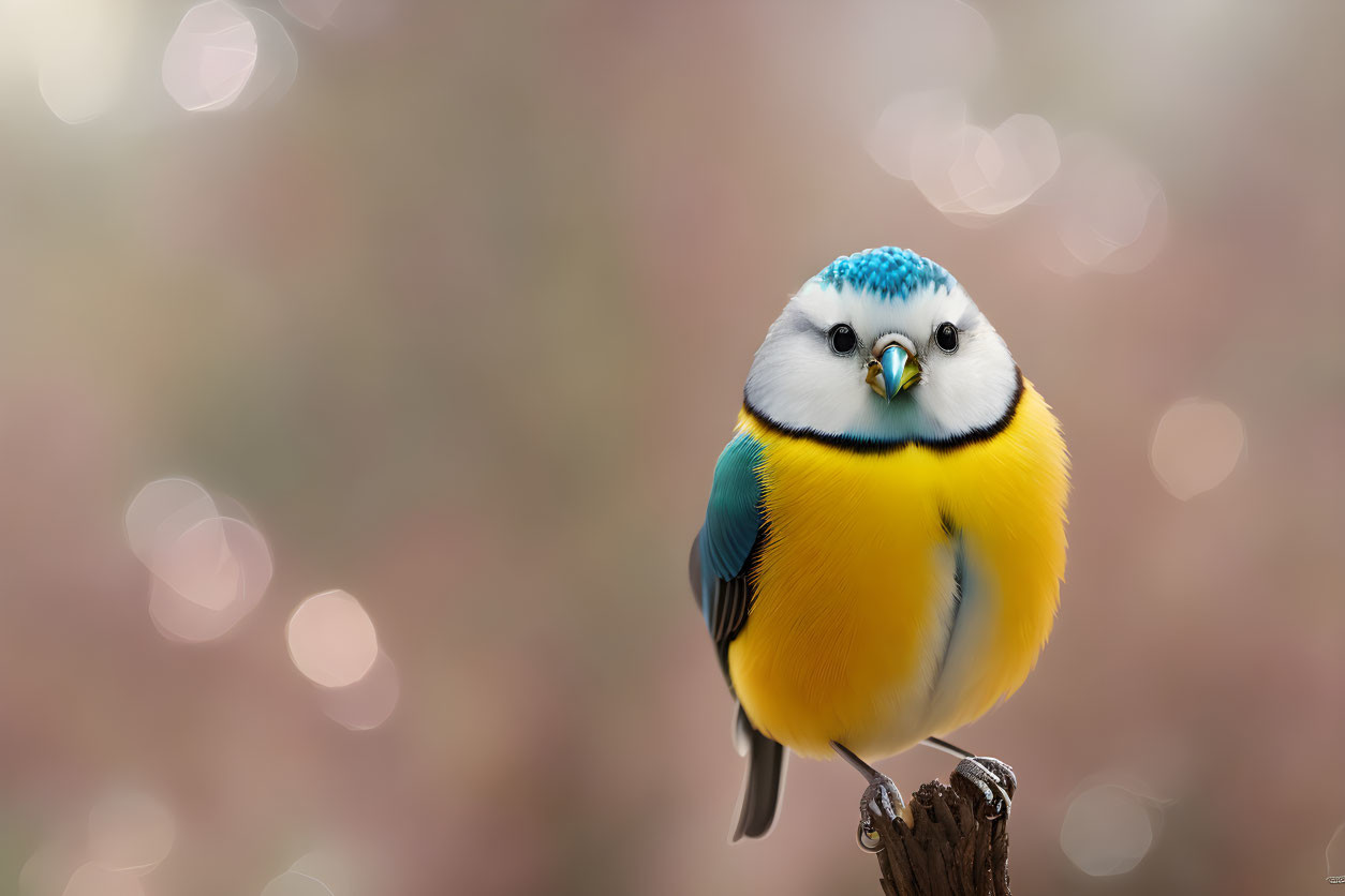 Colorful Cartoon Bird Perched on Wooden Stump with Pink Bokeh Background