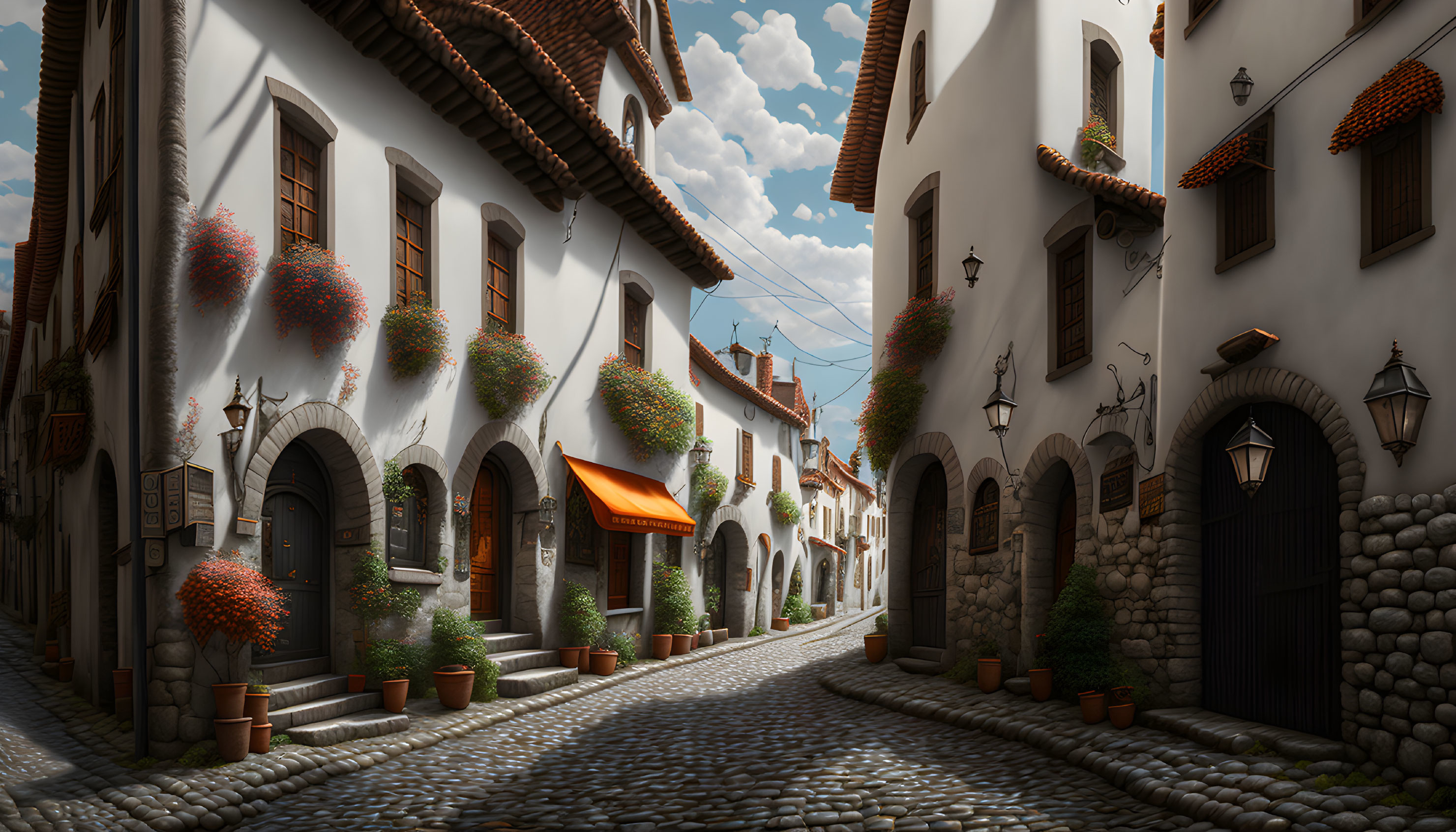 Quaint Old Town: Cobblestone Street & White Houses with Flowers
