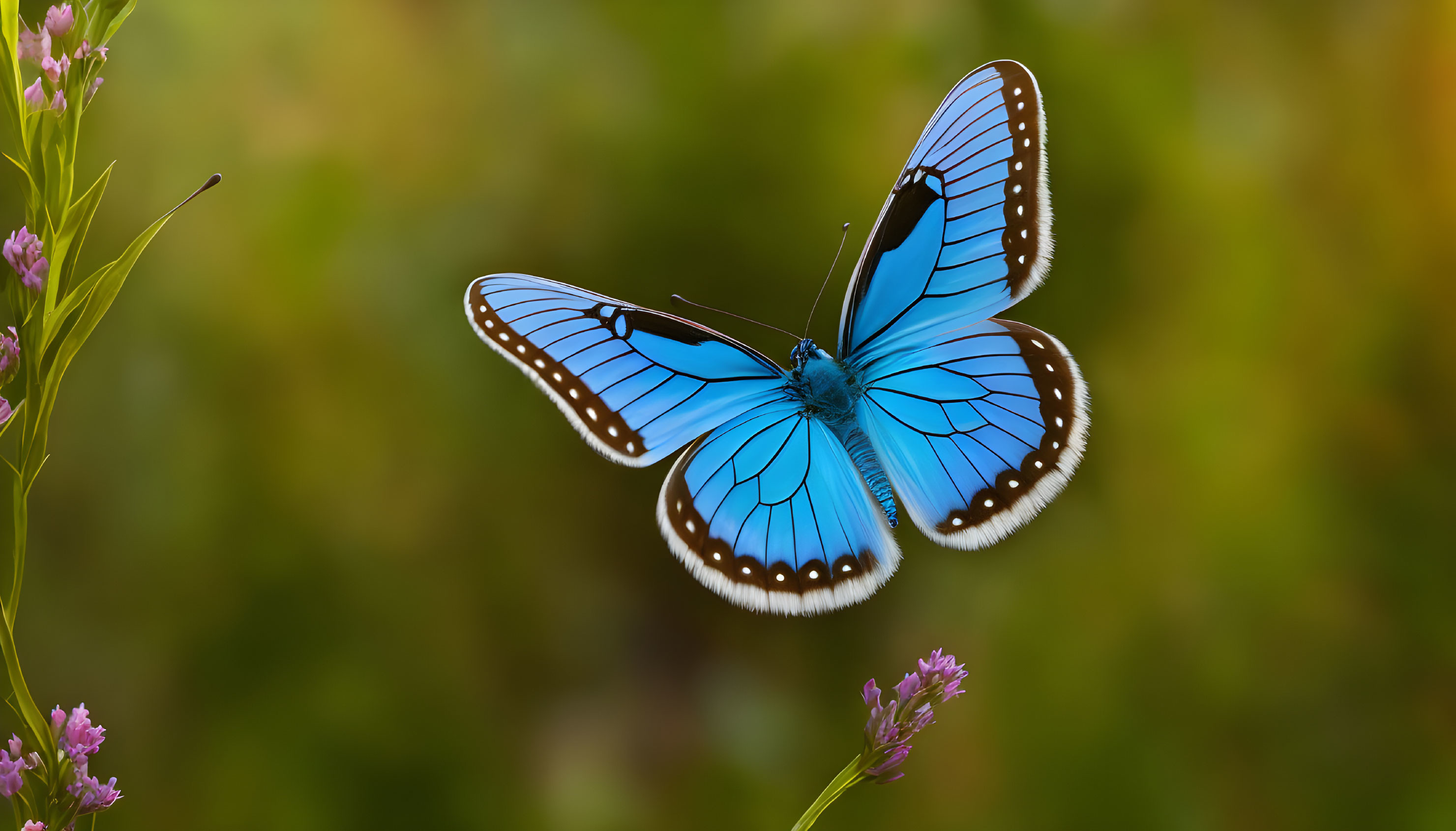 Blue butterfly with black and white markings on purple flowers in green background