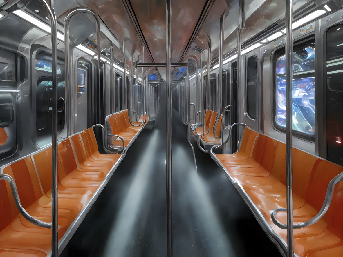 Empty Subway Car with Orange Seats and City Lights at Night