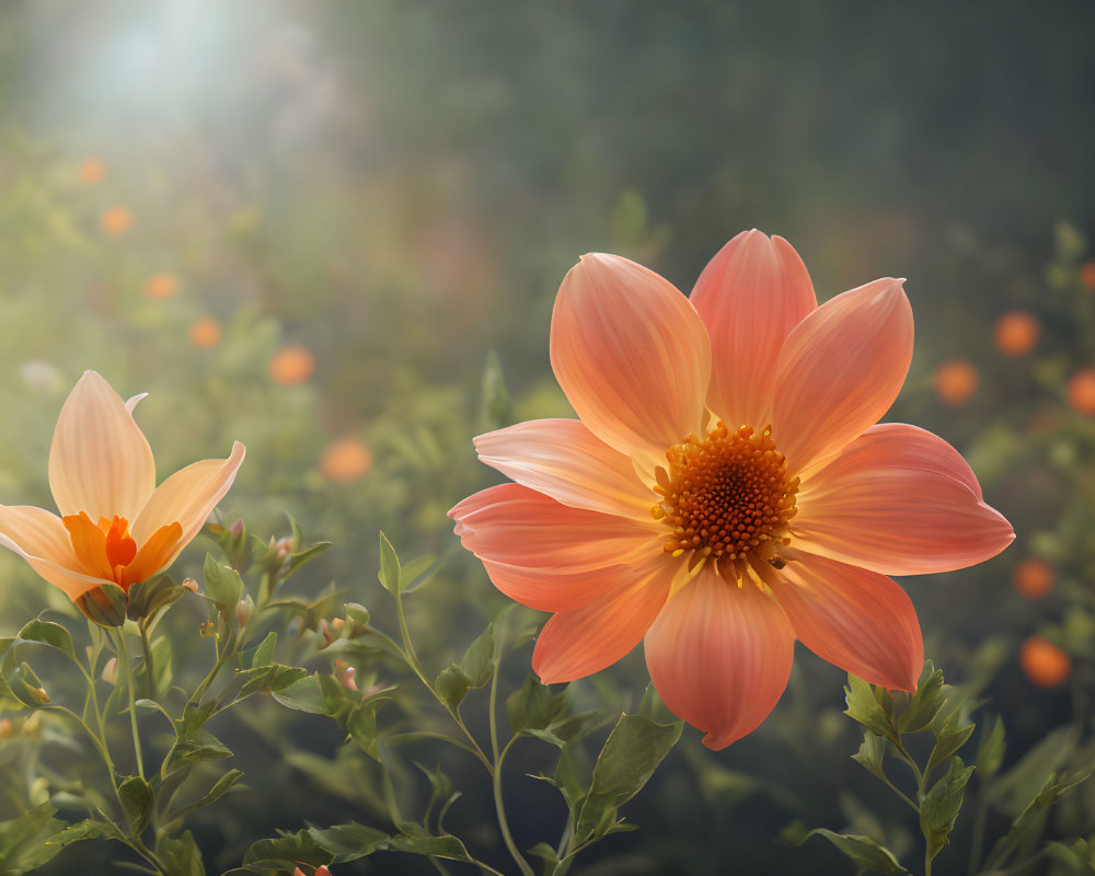 Vibrant orange flowers with golden centers in soft sunlight