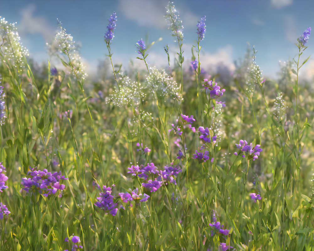 Tranquil field of tall grasses with purple and white wildflowers under a blue sky