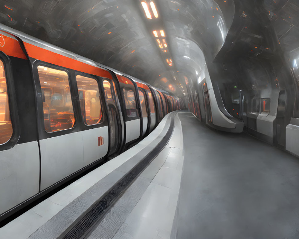 Modern subway station with white and orange trains under overhead lights.