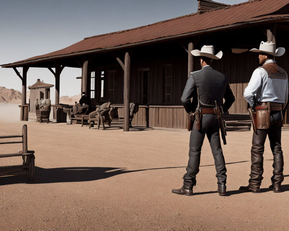 Cowboys near wooden building in Old West town