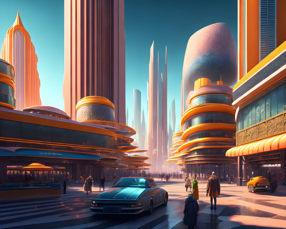 Futuristic cityscape with skyscrapers, vehicles, pedestrians in orange and blue setting