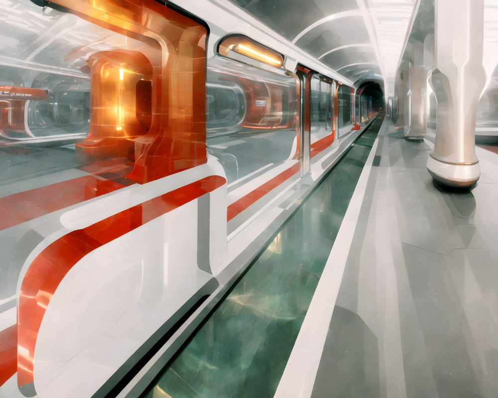 Sleek White Futuristic Train Station with Red Accents and Transparent Walls