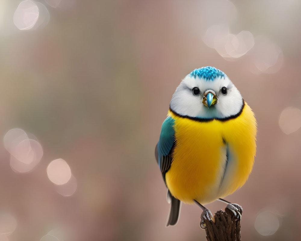 Colorful Cartoon Bird Perched on Wooden Stump with Pink Bokeh Background