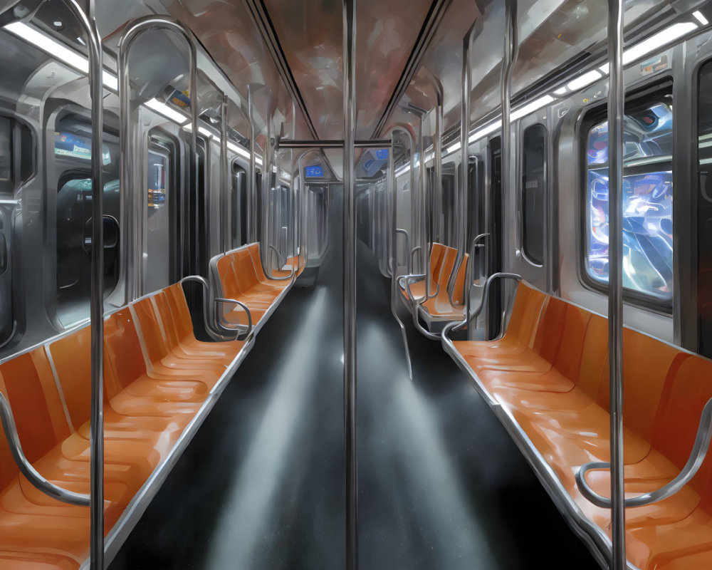 Empty Subway Car with Orange Seats and City Lights at Night