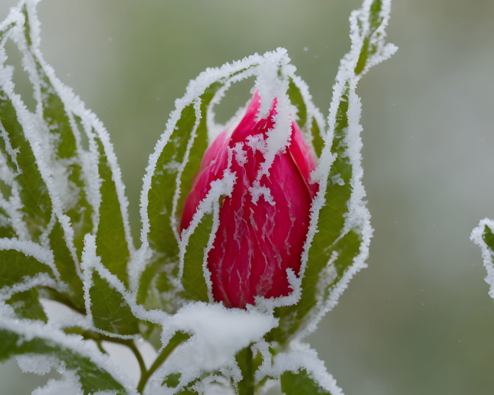 Red tulip bud with frost, ice crystals, and wintery backdrop.