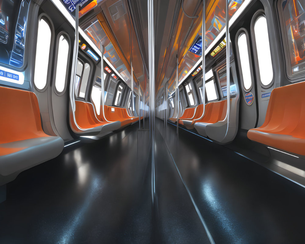 Clean Subway Train Interior with Orange Seats and Glossy Metal Poles