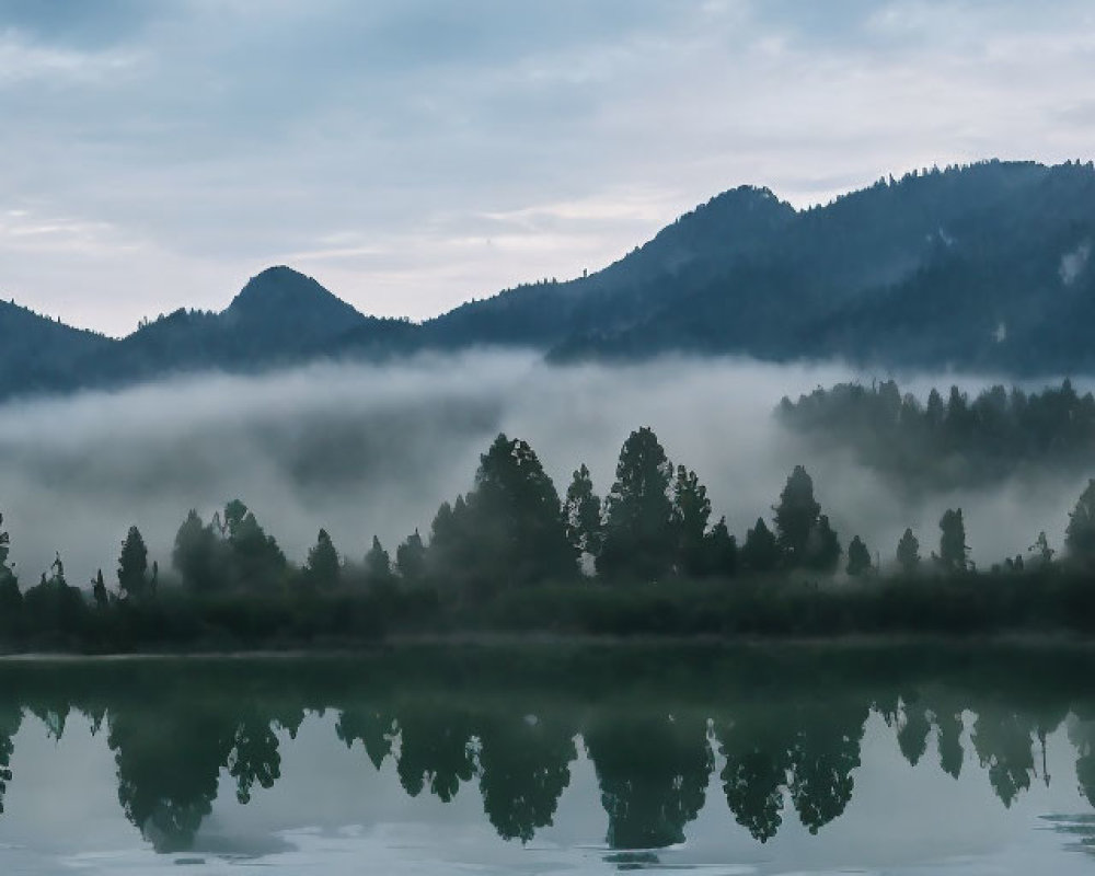 Misty forested mountains reflected on a calm lake at dawn or dusk