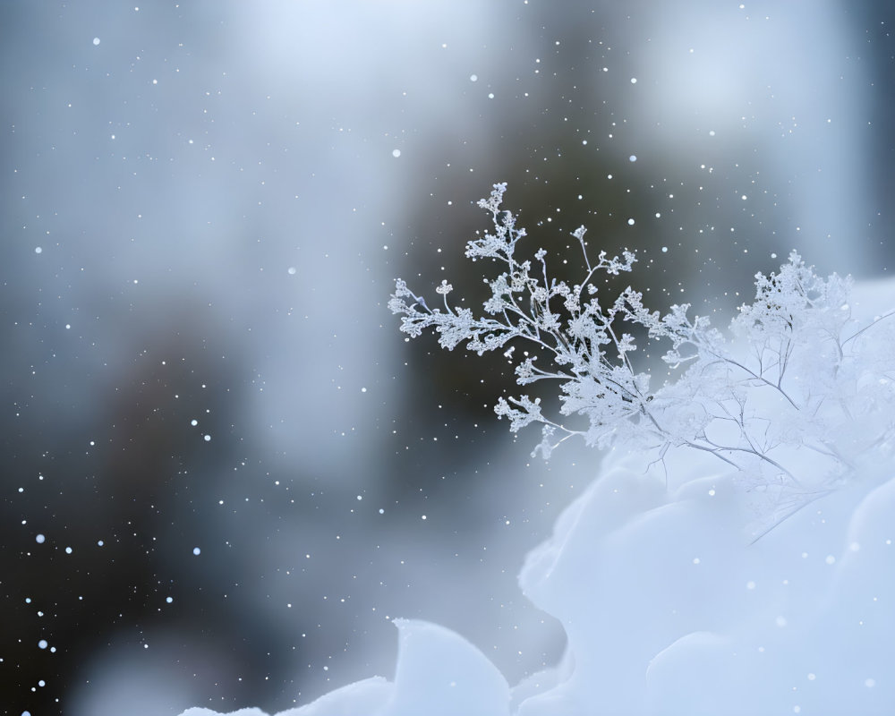 Snow-covered branches in soft focus with falling snowflakes: Winter serenity