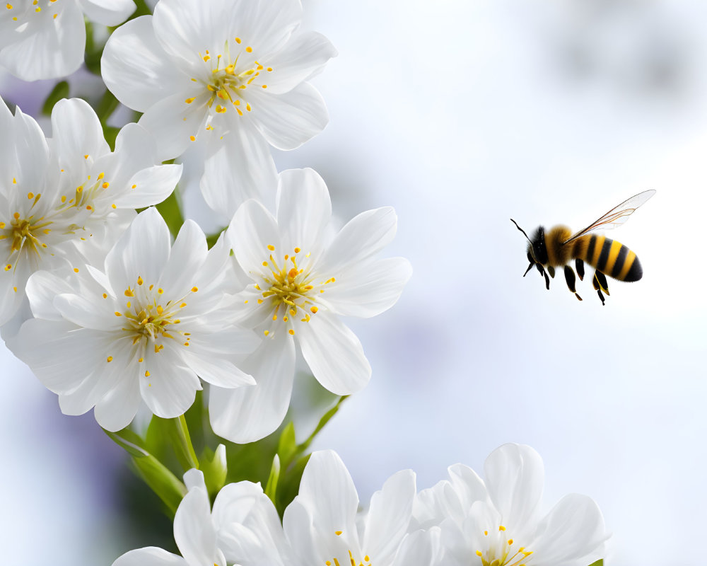 Bee flying near white blossoms with yellow centers on blue and white background