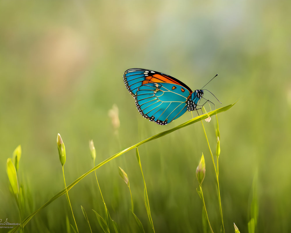 Colorful blue butterfly with orange and black spots on green stem in blurred background