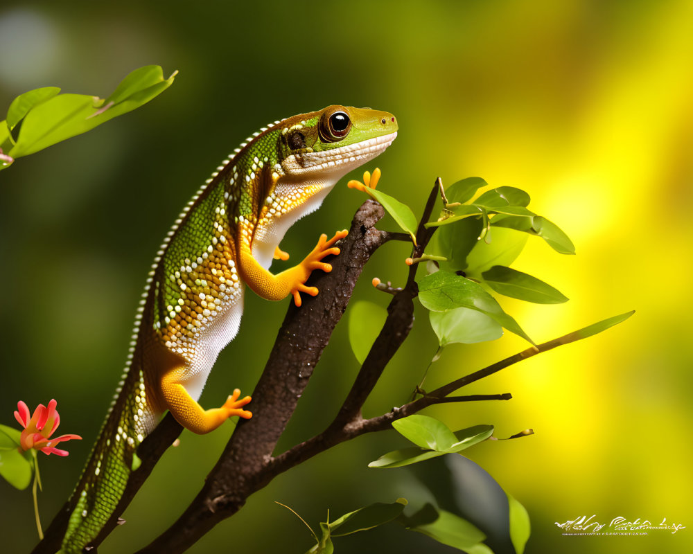 Colorful Gecko on Branch with Orange Feet Among Green Leaves and Red Flowers