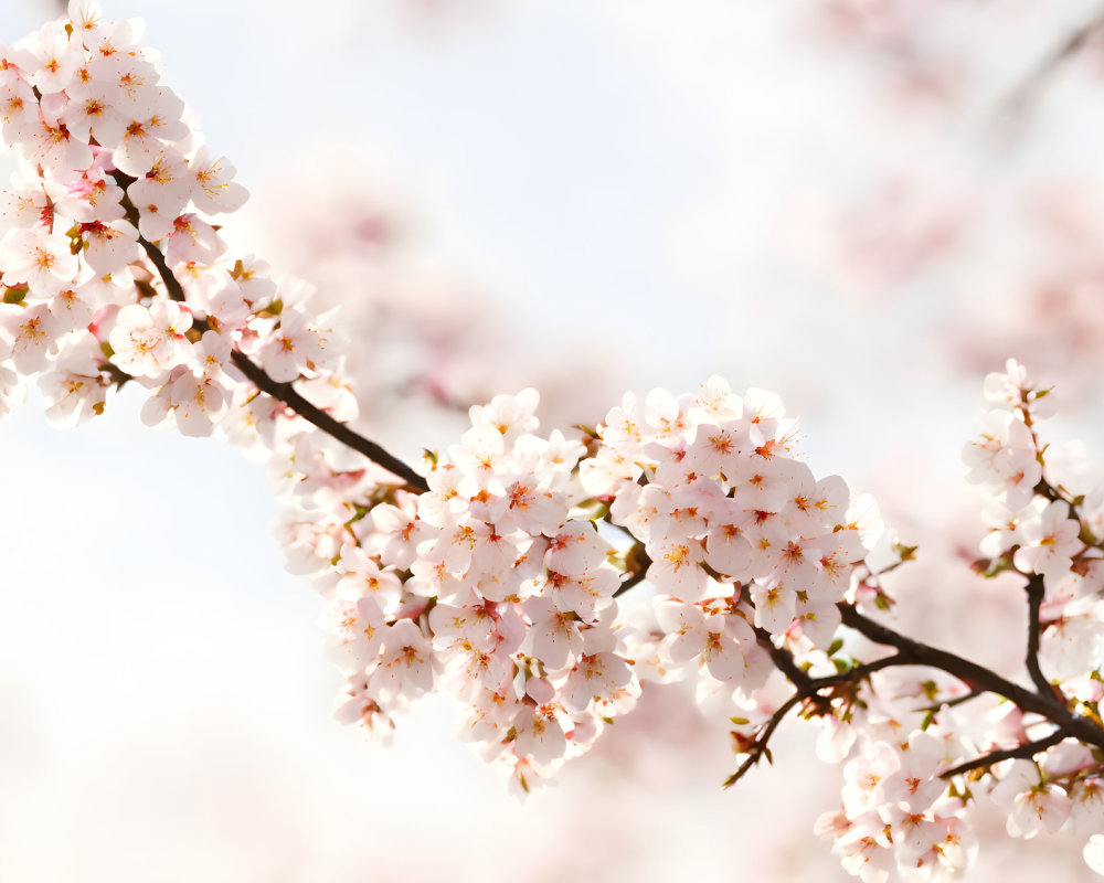 Blossoming cherry blossoms branch against pastel sky