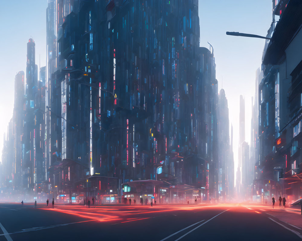 Futuristic twilight cityscape with skyscrapers, neon lights, and crossroad scene