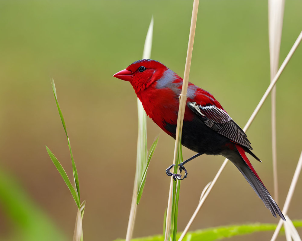 Colorful red bird with black tail on reed against soft green backdrop