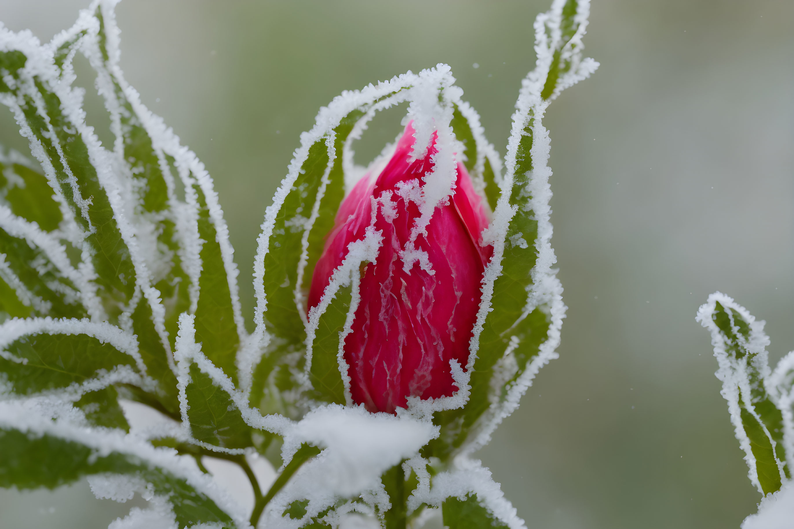 Red tulip bud with frost, ice crystals, and wintery backdrop.