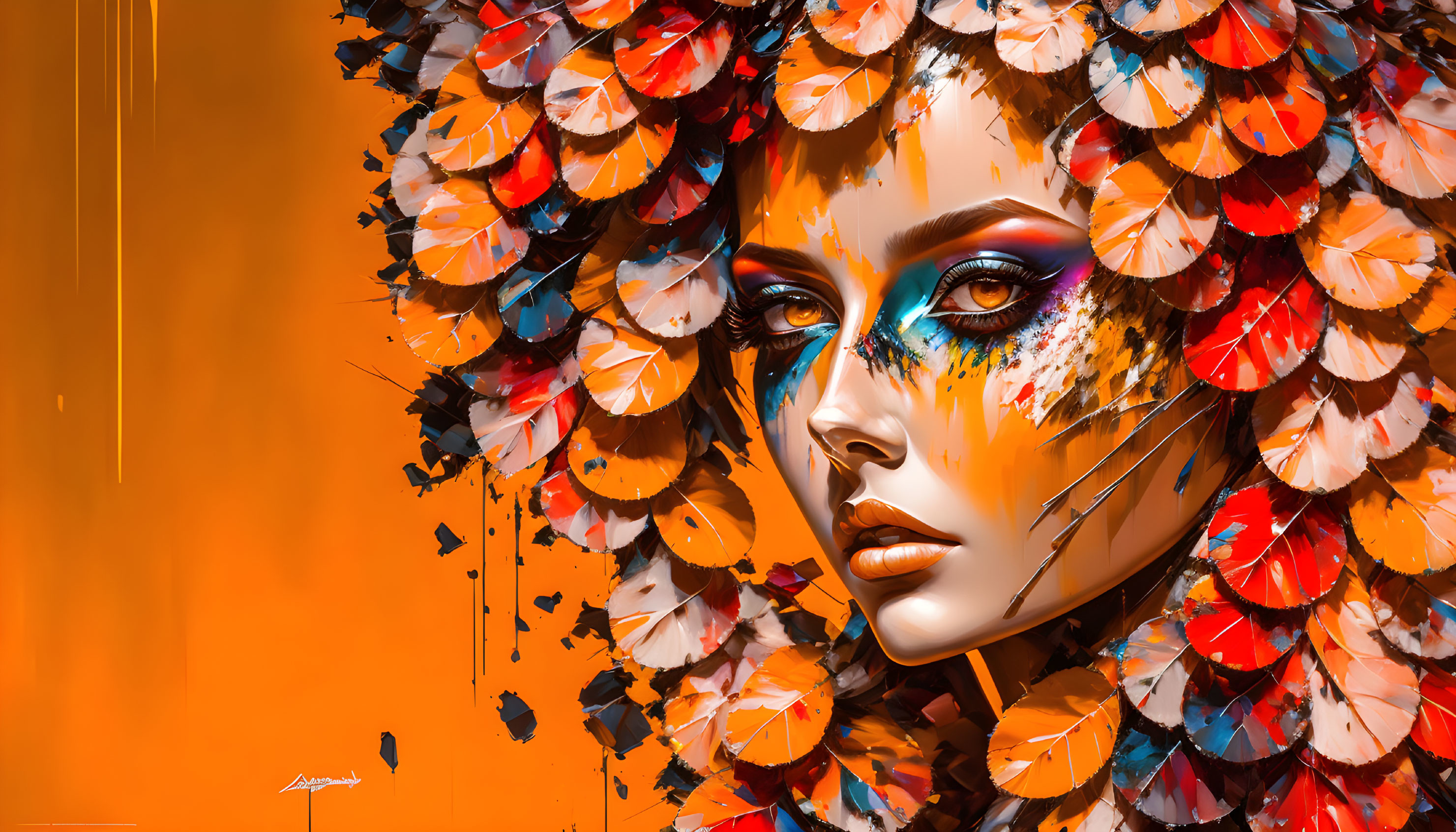 Colorful digital artwork: Woman with feather-like details and striking makeup on orange backdrop