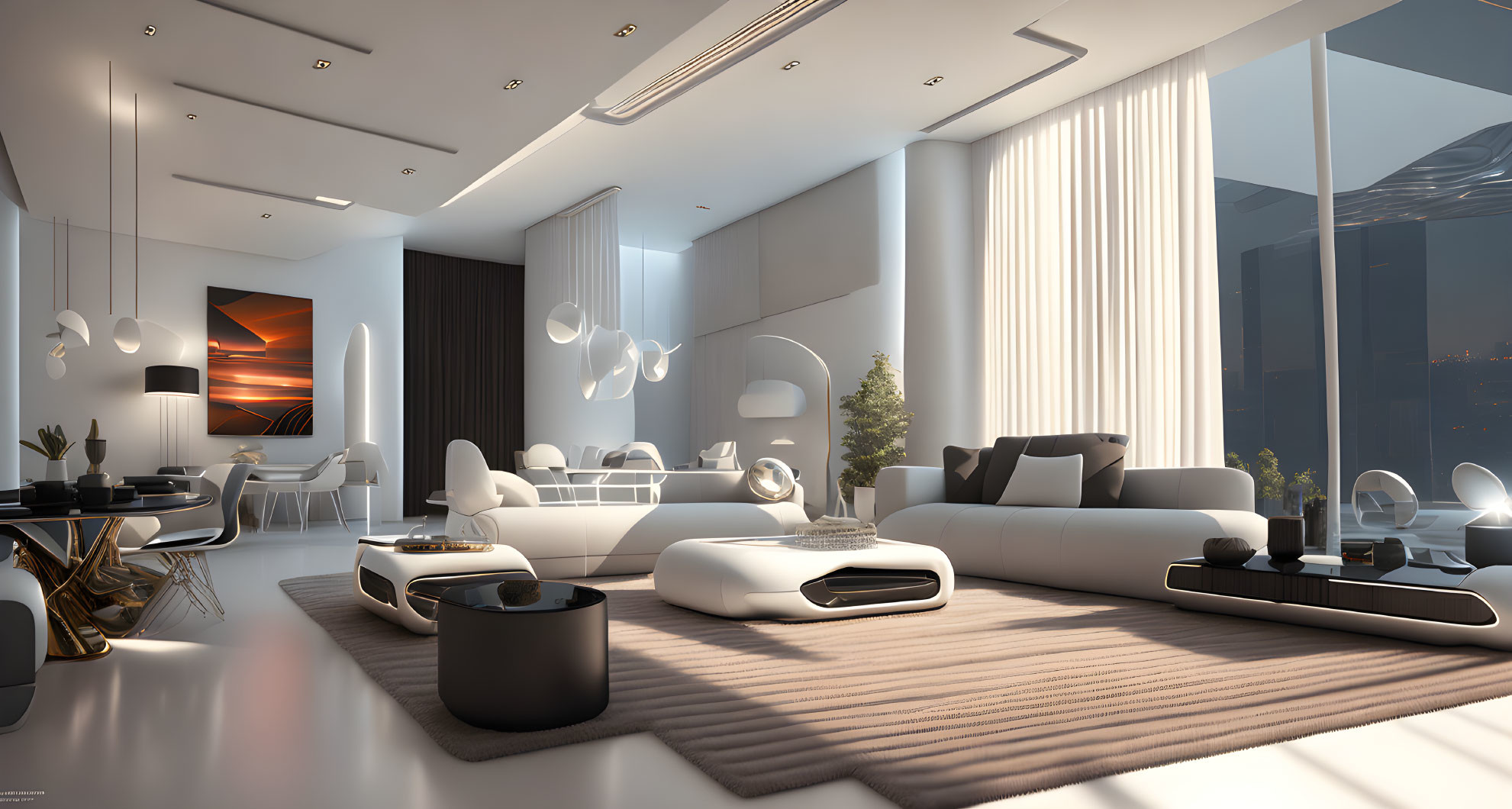 Contemporary White Living Room with Large Windows