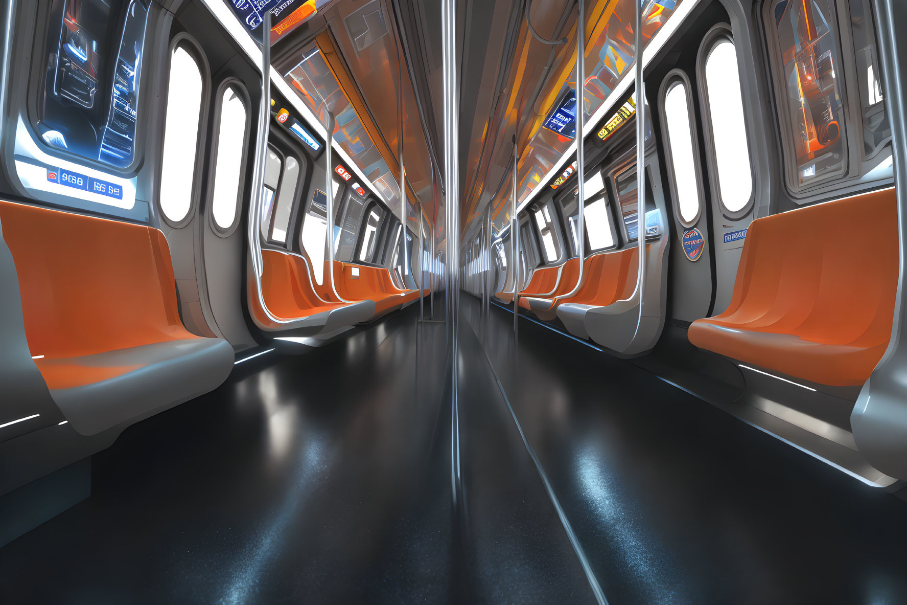 Clean Subway Train Interior with Orange Seats and Glossy Metal Poles