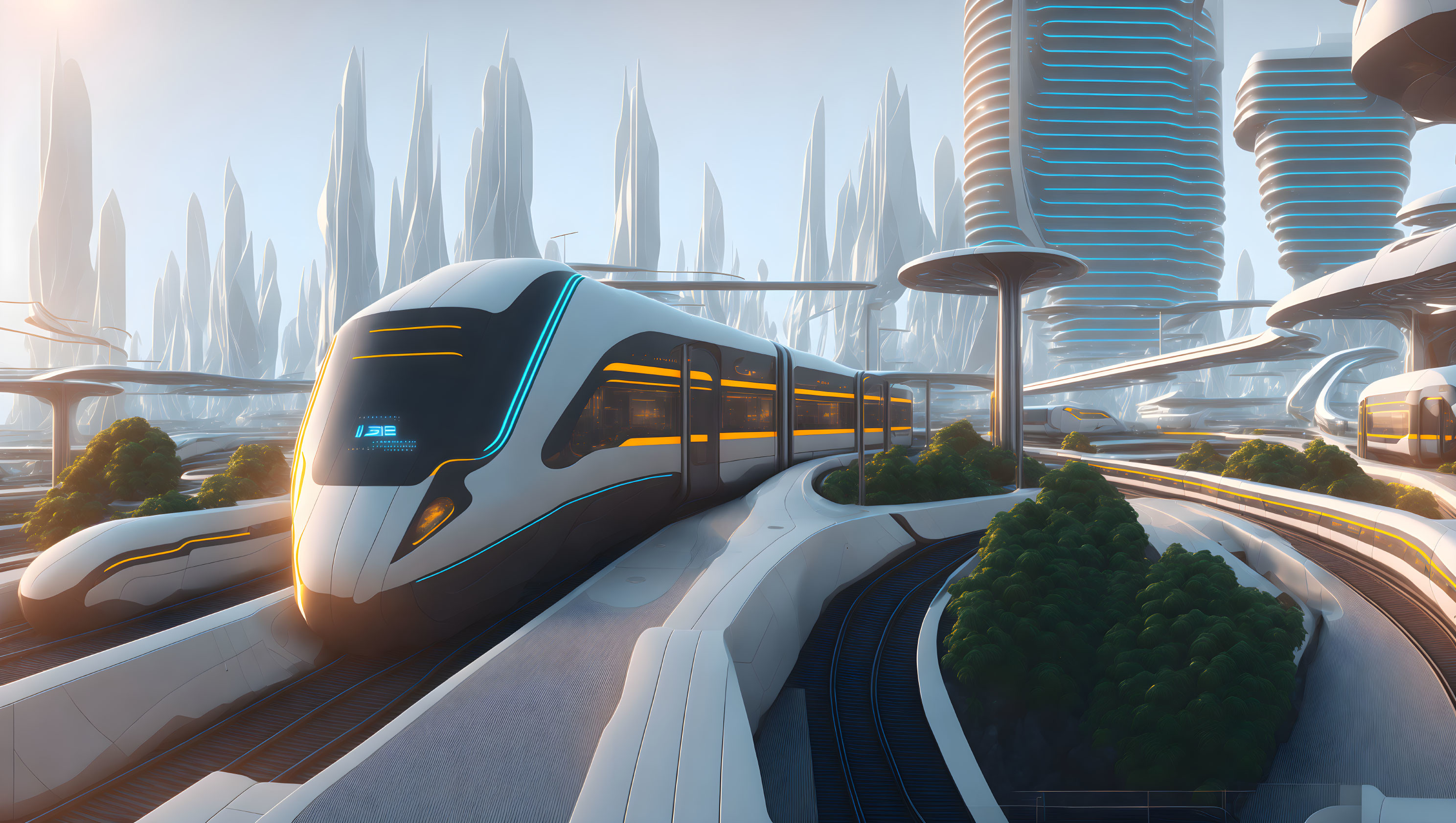 Futuristic train in advanced cityscape with skyscrapers