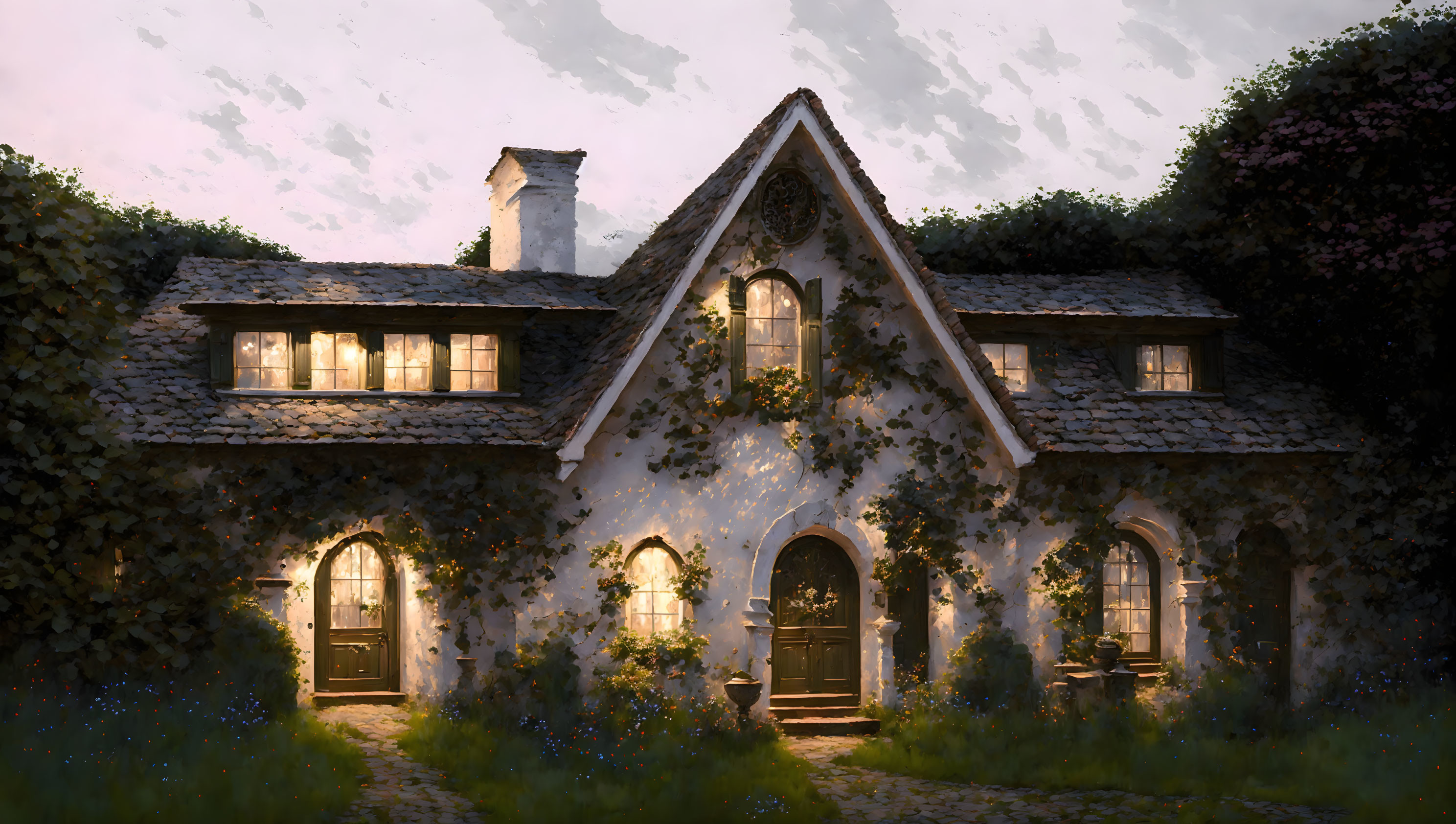 Cozy ivy-covered cottage at dusk with glowing windows and colorful flowers